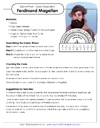Ferdinand Magellan cipher wheel and secret code facts worksheet