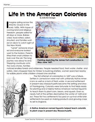 Colonial America Worksheets - Reading Comprehension