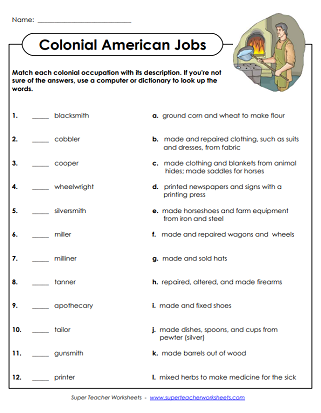 Colonial America Worksheets - Occupations Matching