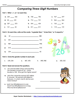 comparing numbers 3 digit worksheets