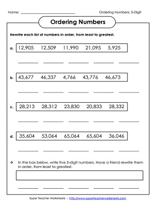 comparing and ordering 5 digit numbers printables