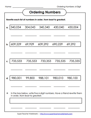 comparing and ordering 6 digit numbers worksheets