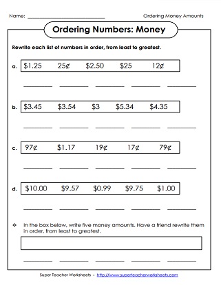 Ordering Money Amounts Worksheet