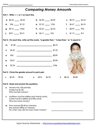 Comparing Money Amounts Printable