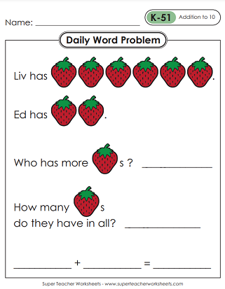 Daily Word Problems - Kindergarten Worksheets