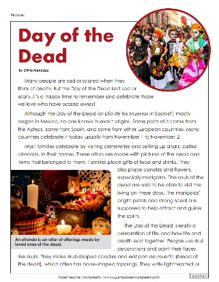 Day of the Dead Reading Worksheet
