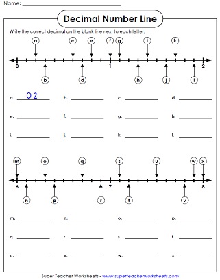 Decimal Worksheet - Number Line