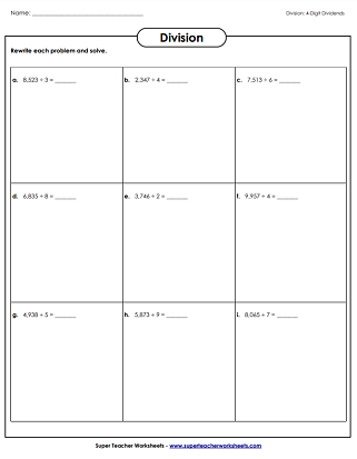 Long Division (4-Digit Dividends) Printable Worksheets