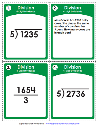 Division with 4-Digit Dividends - Printable Task Cards