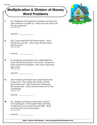 Money Division Worksheets - Word Problems