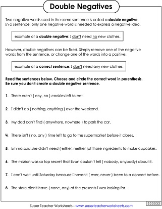 Double Negatives Worksheet