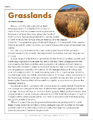 Printable Science Eco System Grasslands Worksheet