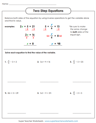 Algebraic Equations (Two-Step) - Worksheets