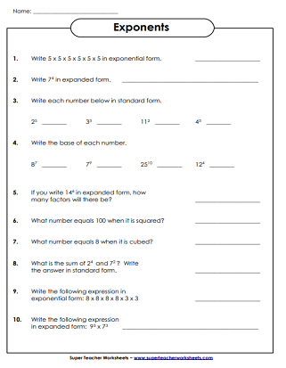 Printable Exponents Worksheets