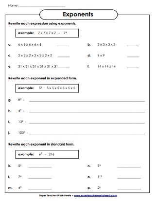expanded form exponents worksheet
 Exponent Worksheets