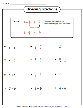 math worksheets dividing fractions