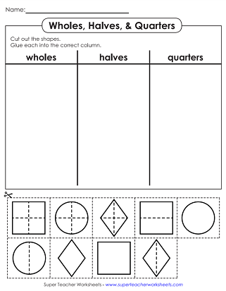 Fraction Worksheets - Halves and Quarters - Cut and Glue