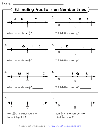 Fractions on Number Line Worksheets - Estimating