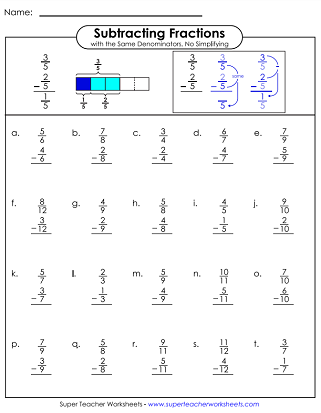 Subtracting Fractions Worksheet - Same Denominators