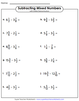 subtracting fractions mixed numbers worksheets