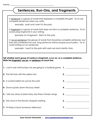 Fragment, Run-On Sentences Worksheets