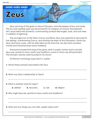 Zeus Greek Mythology Worksheet
