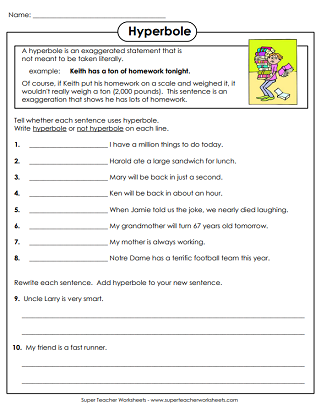 hyperbole worksheets figurative language