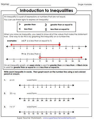 Single Variable Inequalities Worksheets