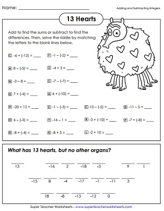 Adding And Subtracting Integers Chart