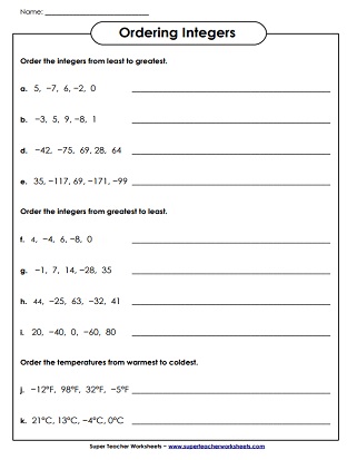 integers printable worksheets