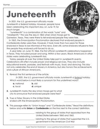 Juneteenth Worksheet Reading