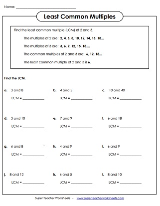 Least Common Multiple (LCM) Worksheets