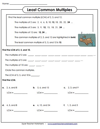 Least Common Multiple Lcm Worksheets