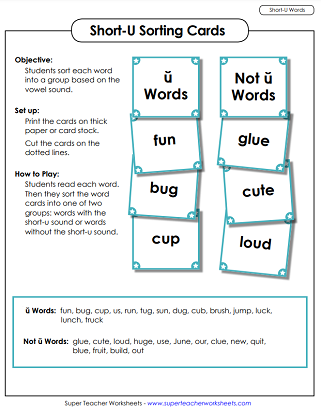 Short - U Activities - Word Sort Cards