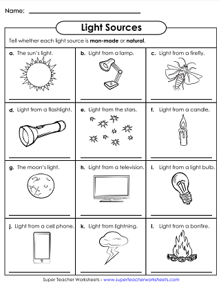 Light Energy Worksheets - Sources