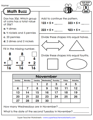Printable Daily Math Review Worksheets - Second Grade