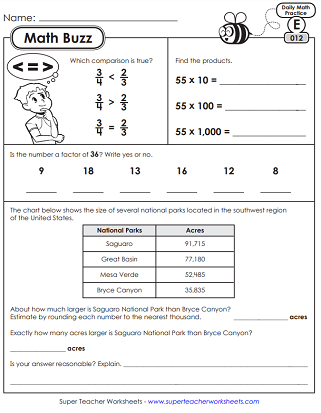 Daily Math Review Worksheets - Math Buzz (Level E)