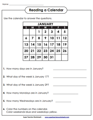 Calendar Math Worksheets