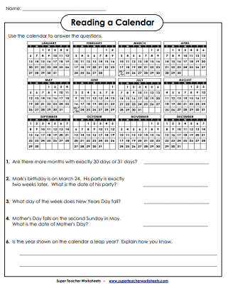 Printable Calendar Math Worksheets