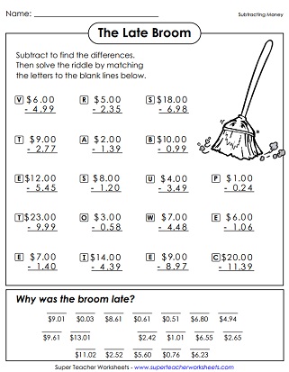 Subtracting Money Math Riddle