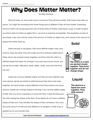 Matter Worksheets - Reading Comprehension Article