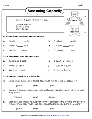 capacity worksheets gallons quarts pints and cups