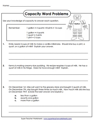 capacity worksheets gallons quarts pints and cups