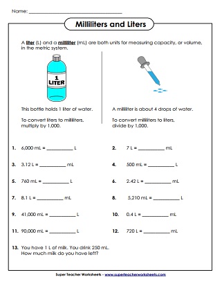 Milliliters and Liters - Measurement (Printable)