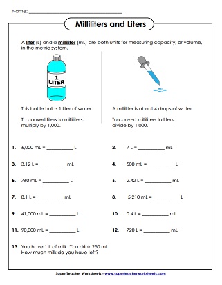 Measuring Capacity Milliliters And Liters Worksheets