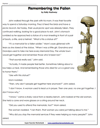 Memorial Day Reading Comprehension