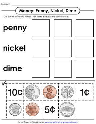 Coin Recognition Worksheet - Penny, Nickel, Dime