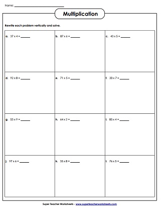 2 Digit by 1 Digit Multiplication Worksheets