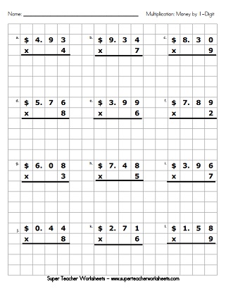 Grid Multiplication Worksheets (Money)