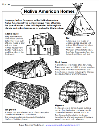 Native American Worksheets - Homes